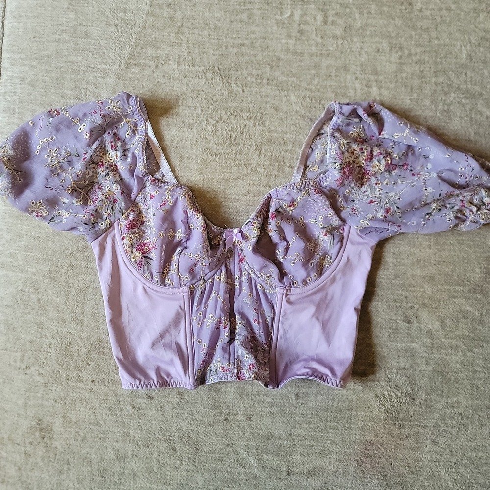 Fairycore Coquette Lavender Floral Mesh Corset Top Puff Sleeve‎ Sz M Cottagecore